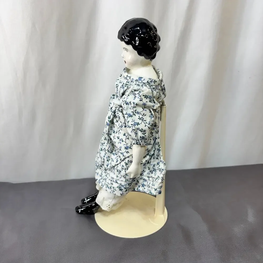 China Shoulder Head Doll Black Hair Blue Floral Cotton Dress Soft Body 11